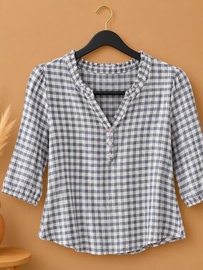 Blue Gingham Ruffle Henley Top - Women